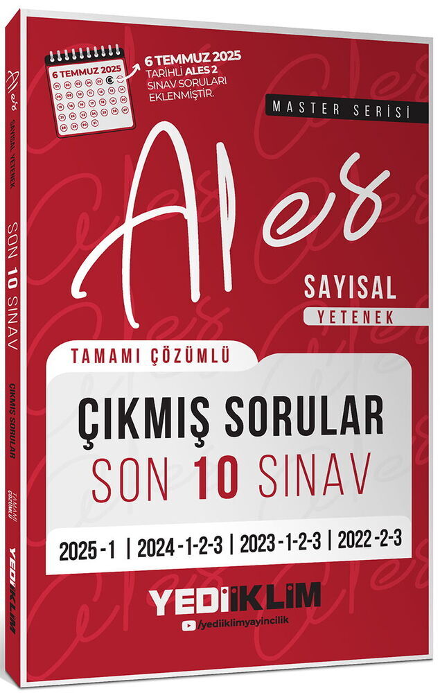 Yediiklim Yayınları  ALES Master Serisi Sayısal Yetenek Tamamı Çözümlü Son 10 Sınav Çıkmış Sorular (6 Temmuz 2025 Ales-2 Ekli)