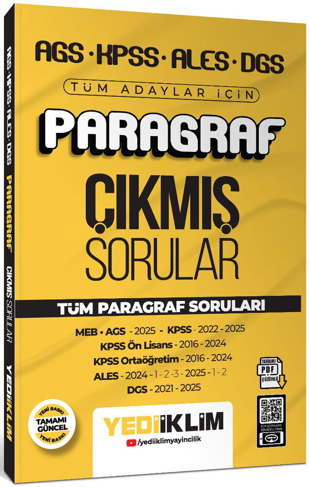 Yediiklim Yayınları AGS KPSS ALES DGS Tüm Adaylar İçin Paragraf Tamamı PDF Çözümlü Tüm Paragraf Soruları Çıkmış Sorular