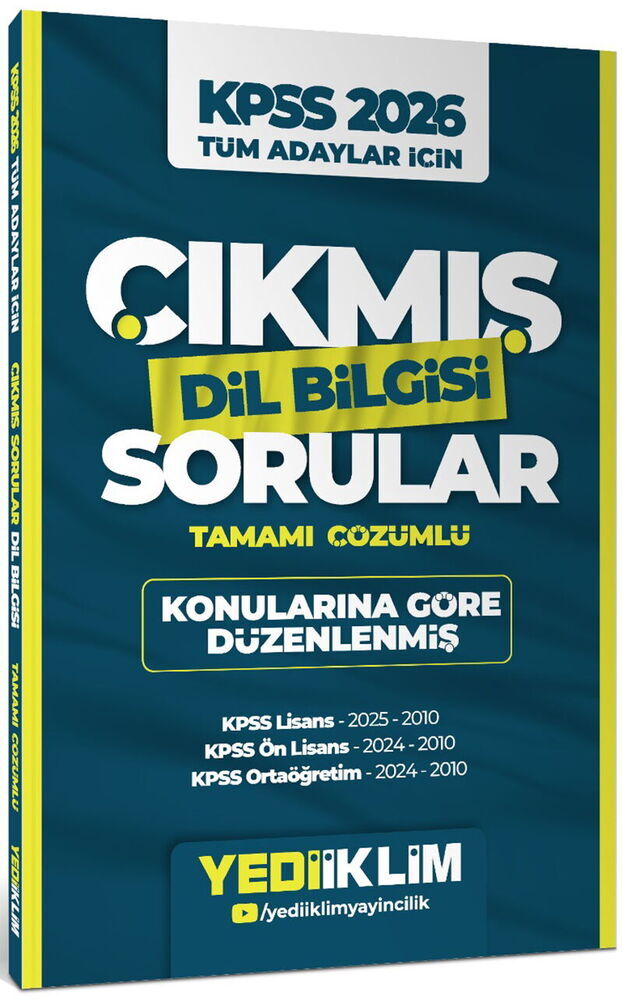 Yediiklim Yayınları 2026 KPSS Tüm Adaylar İçin Dil Bilgisi Tamamı Çözümlü Çıkmış Sorular Konularına Göre Düzenlenmiş