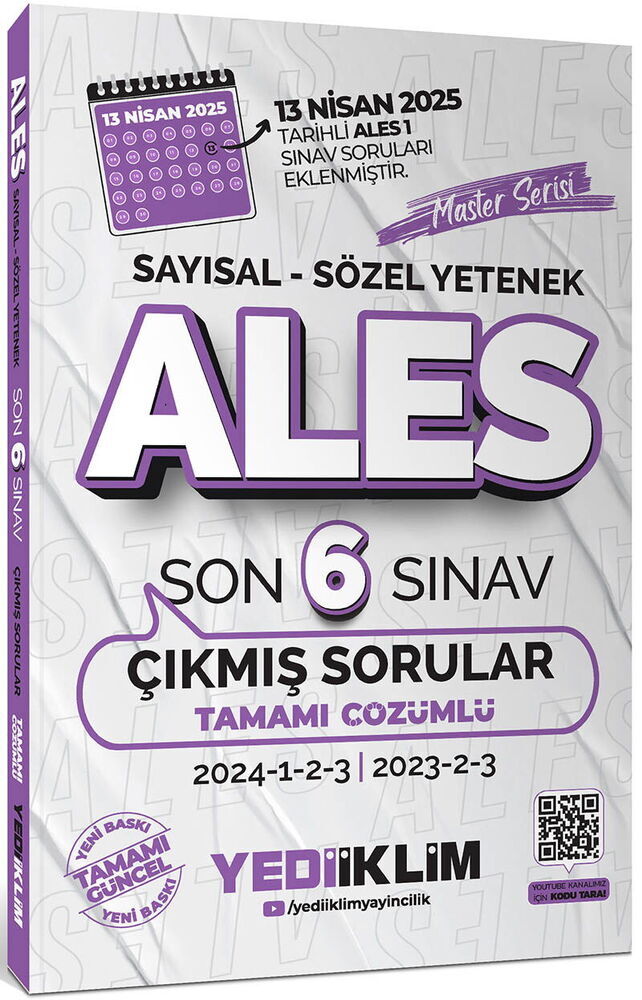 Yediiklim Yayınları ALES Master Serisi Sayısal - Sözel Yetenek Tamamı Çözümlü Son 6 Sınav Çıkmış Sorular (13 Nisan 2025 Ales-1 E