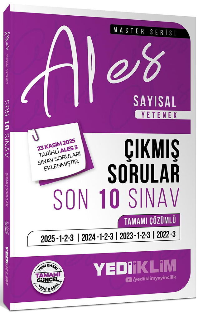 Yediiklim  Yayınları 2026 ALES Sayısal Yetenek Tamamı Çözümlü Son 10 Sınav Çıkmış Sorular (23 Kasım 2025 Ales-3 Ekli)