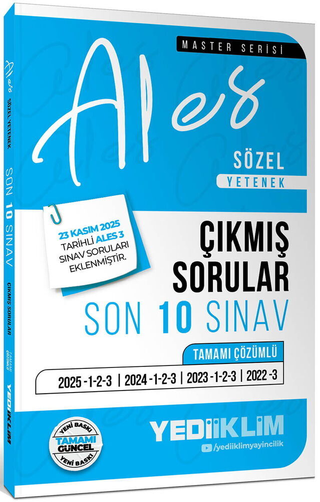 Yediiklim  Yayınları 2026 ALES Sözel Yetenek Tamamı Çözümlü Son 10 Sınav Çıkmış Sorular (23 Kasım 2025 Ales-3 Ekli)