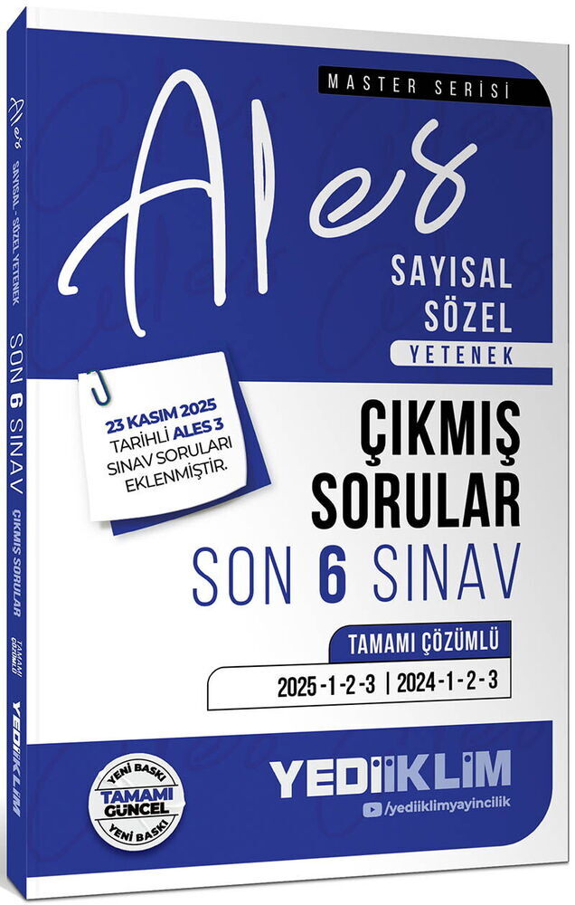 Yediiklim Yayınları 2026 ALES  Sayısal Sözel Yetenek Tamamı Çözümlü Son 6 Sınav Çıkmış Sorular (23 Kasım 2025 Ales-3 Ekli)