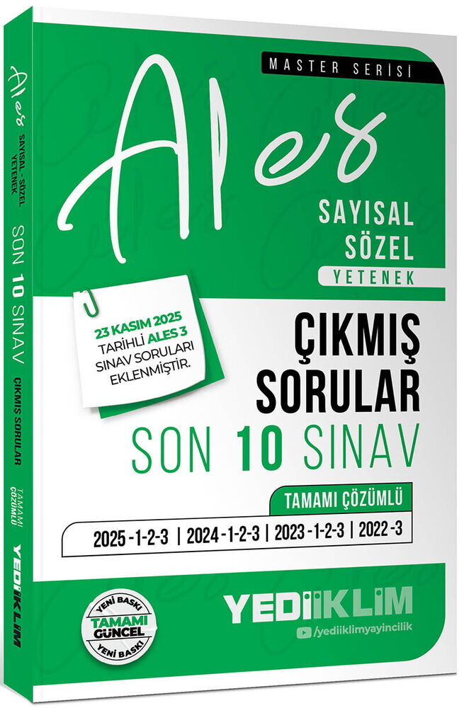 Yediiklim Yayınları 2026 ALES  Sayısal Sözel Yetenek Tamamı Çözümlü Son 10 Sınav Çıkmış Sorular (23 Kasım 2025 Ales-3 Ekli)